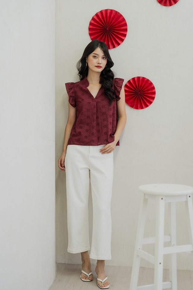 Mei Mandarin Collar Eyelet Top In Wine