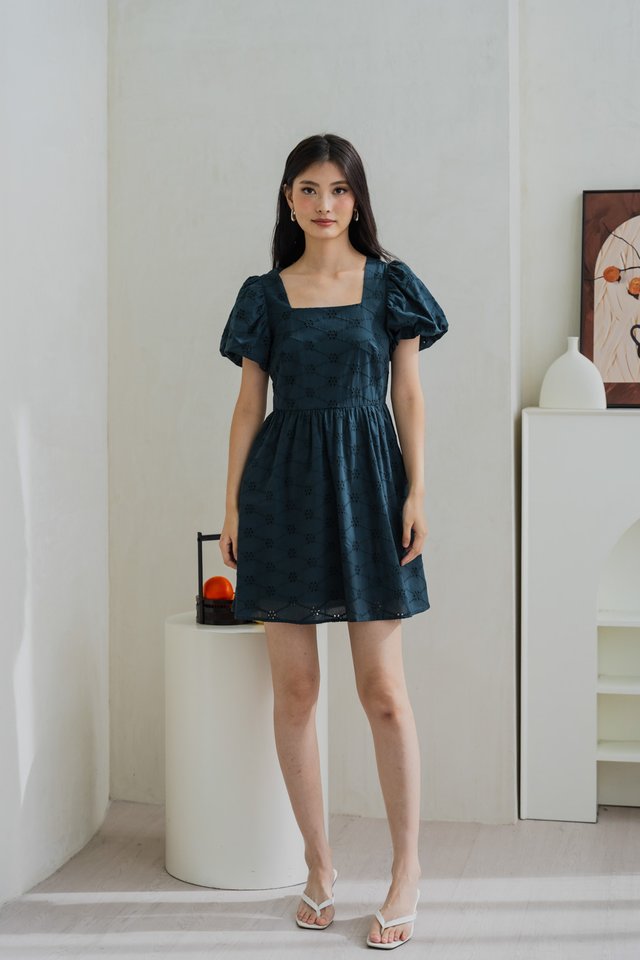 Edna Eyelet Puff Sleeve Dress In Emerald