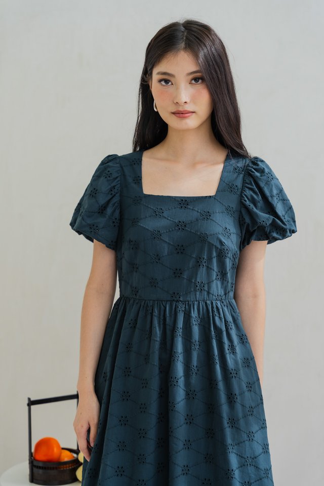 Edna Eyelet Puff Sleeve Dress In Emerald