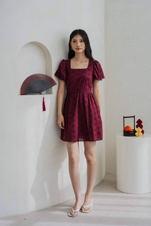 Edna Eyelet Puff Sleeve Dress In Wine (XS)