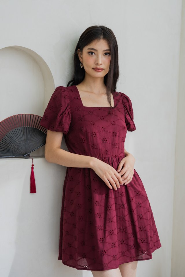 Edna Eyelet Puff Sleeve Dress In Wine