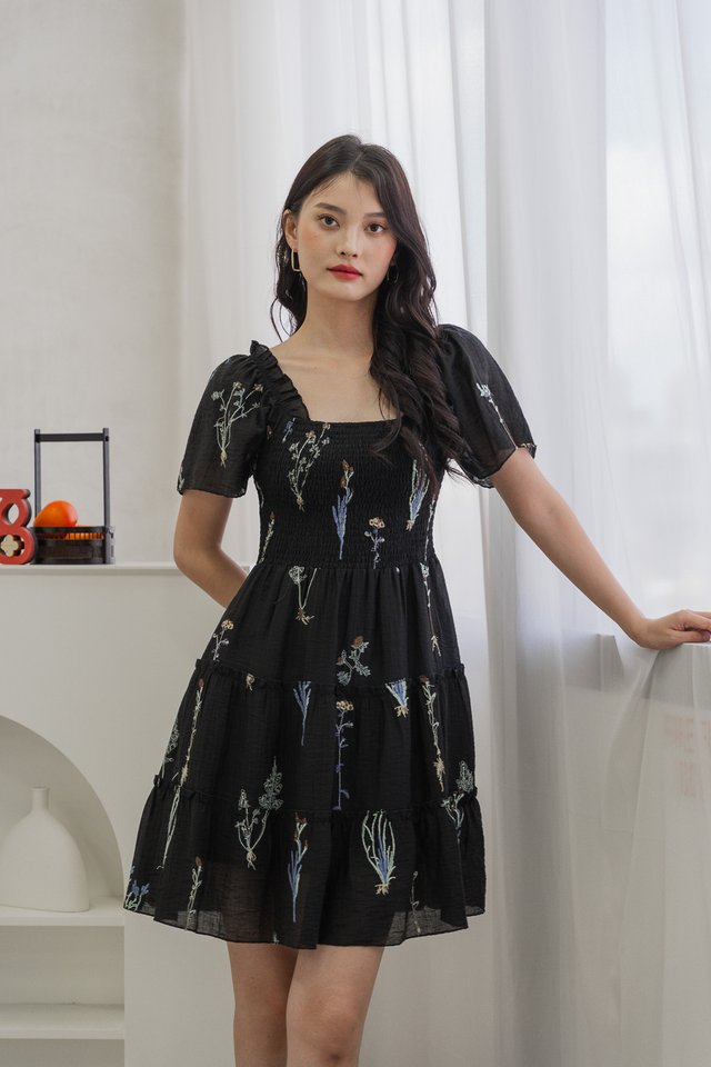 Trixie Smocked Embroidery Dress In Black
