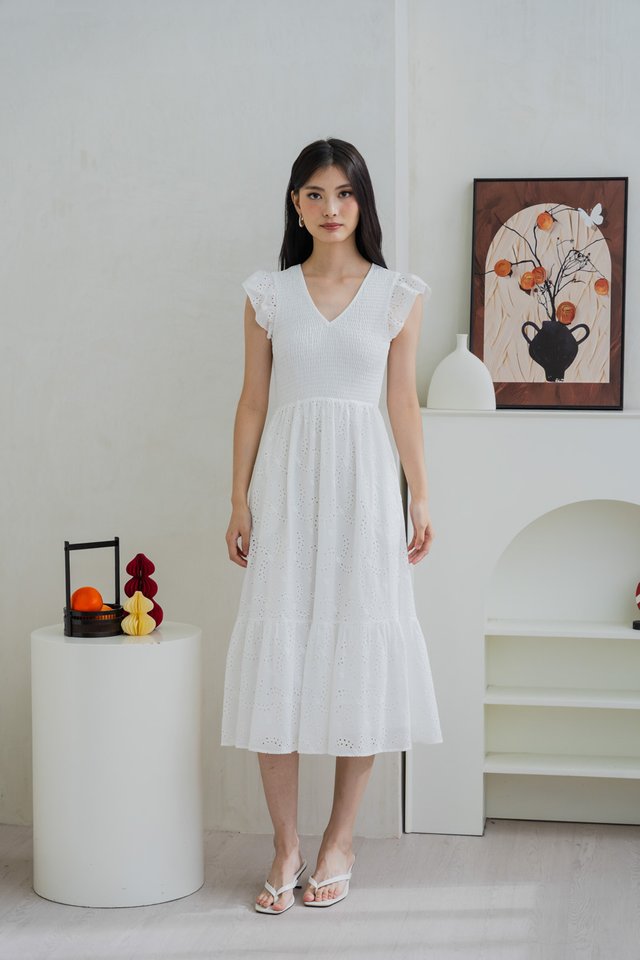 Elke Smocked Eyelet Midi Dress In White