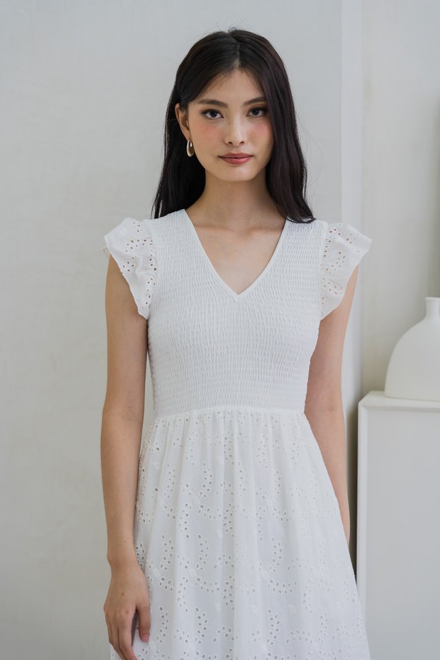 Elke Smocked Eyelet Midi Dress In White