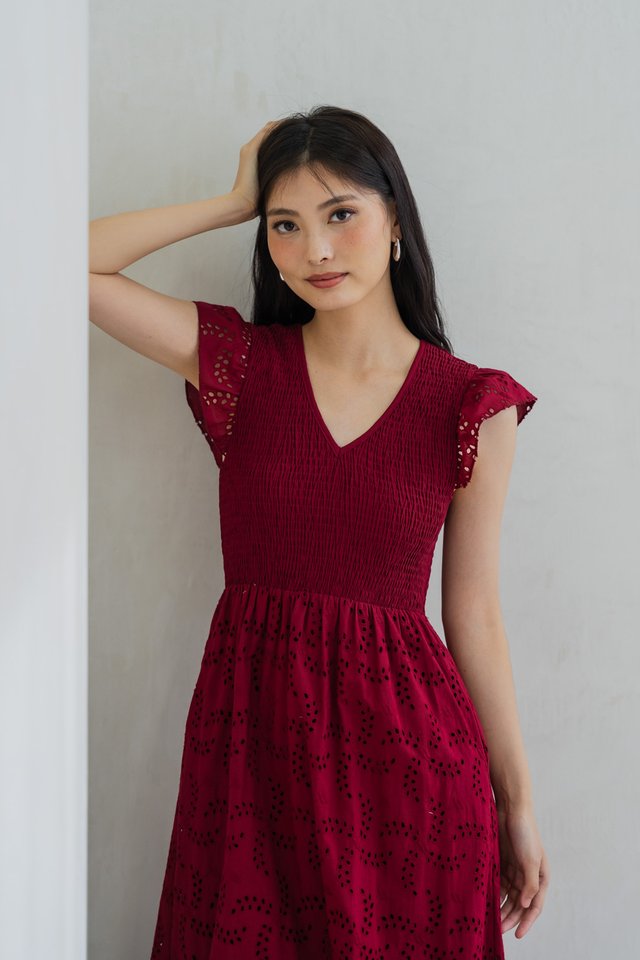 Elke Smocked Eyelet Midi Dress In Red
