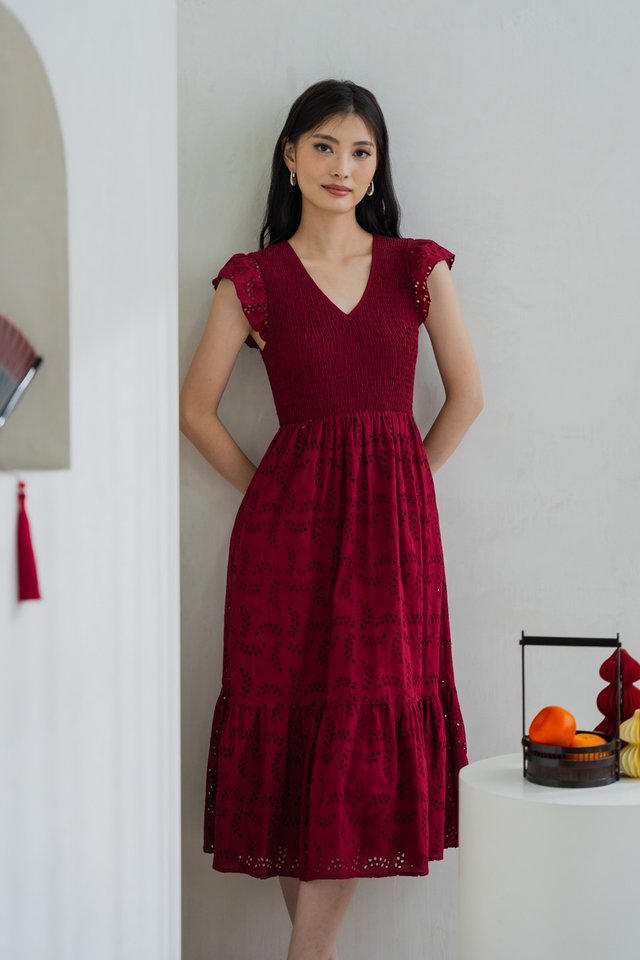 Elke Smocked Eyelet Midi Dress In Red