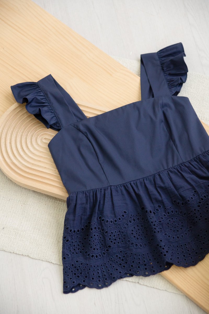 Belinda Eyelet Hem Babydoll Top In Navy