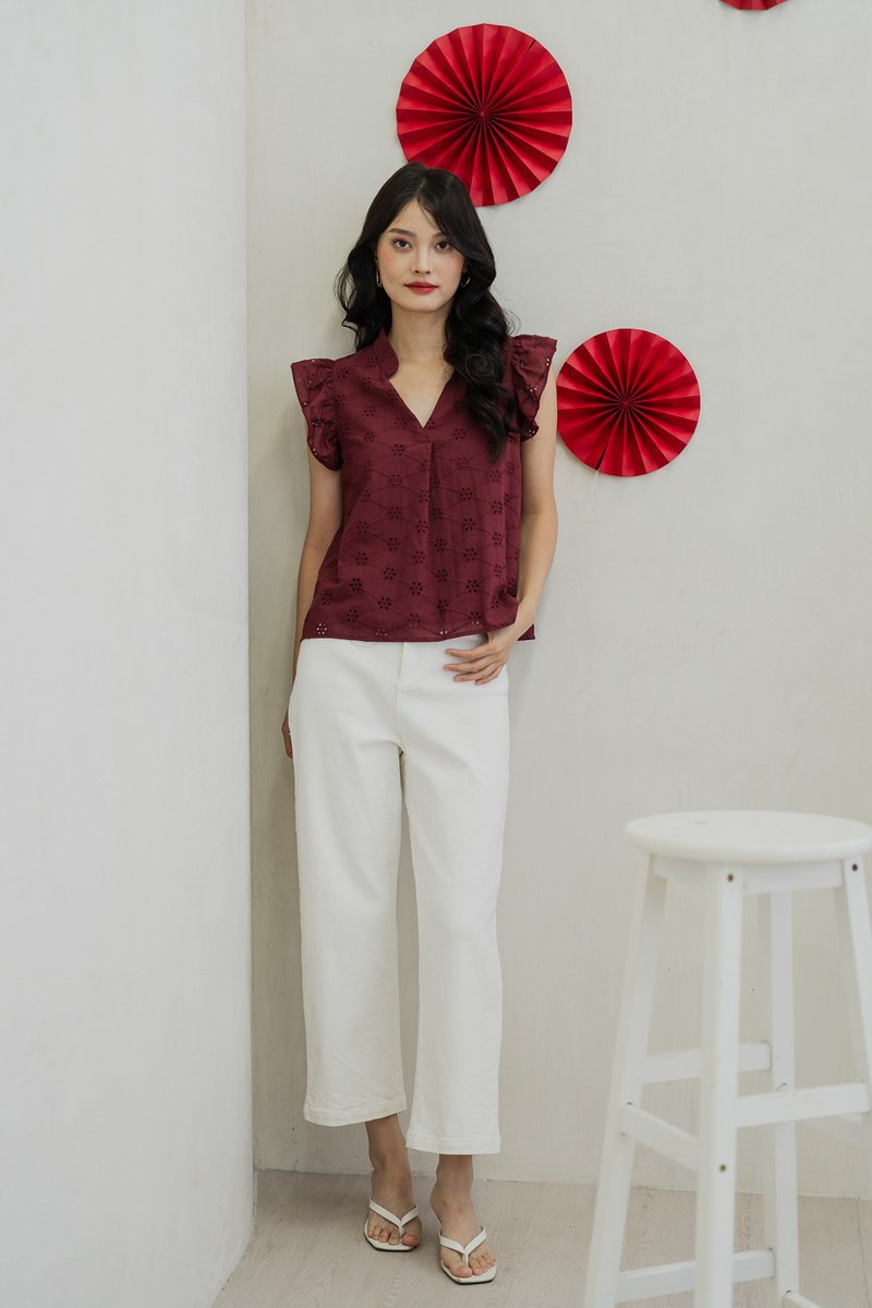 Mei Mandarin Collar Eyelet Top In Wine (XS)