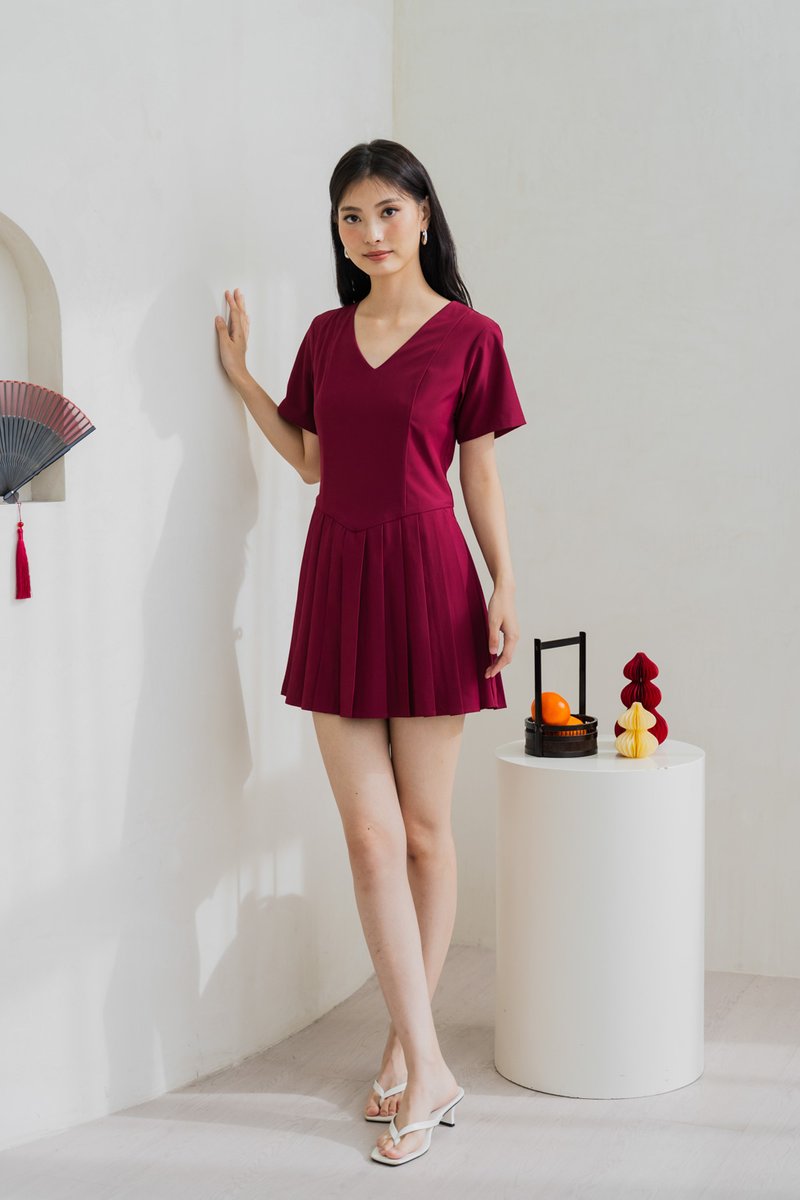 Roslyn Pleated Dress Romper In Wine (XS)