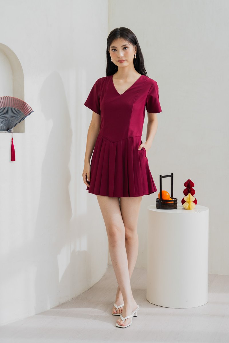 Roslyn Pleated Dress Romper In Wine (XS)