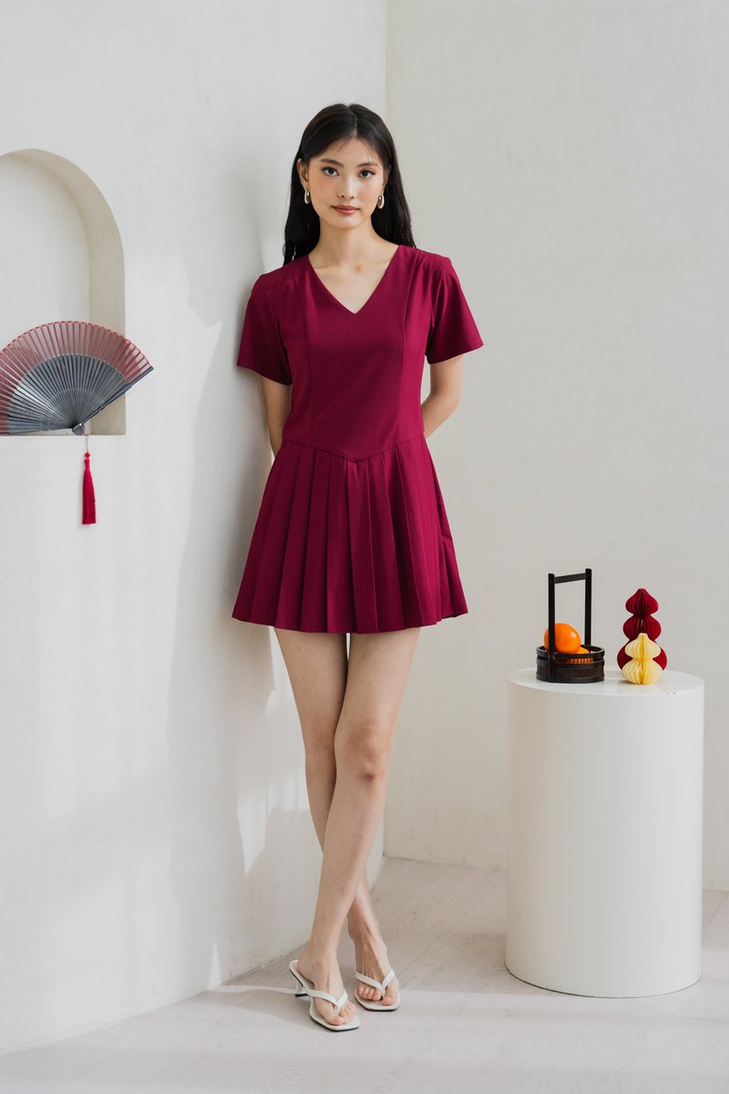 Roslyn Pleated Dress Romper In Wine (XS)