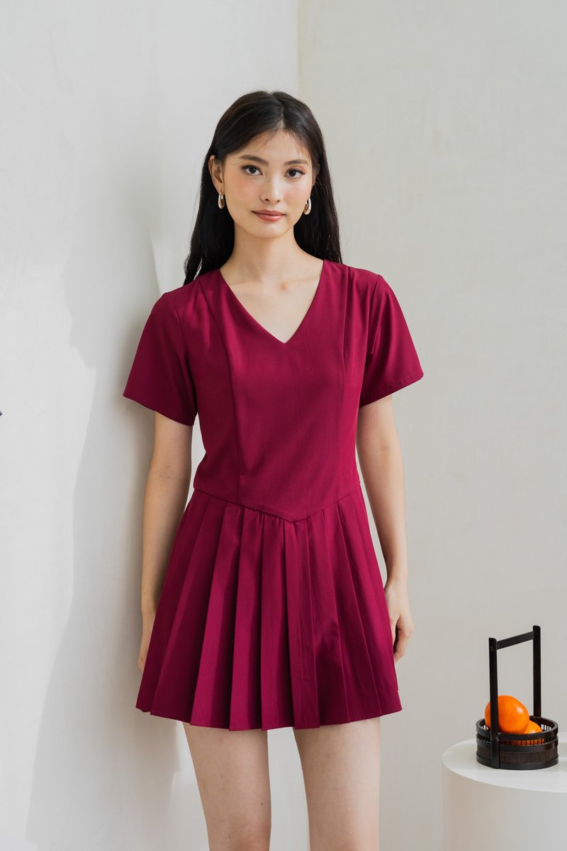Roslyn Pleated Dress Romper In Wine (XS)