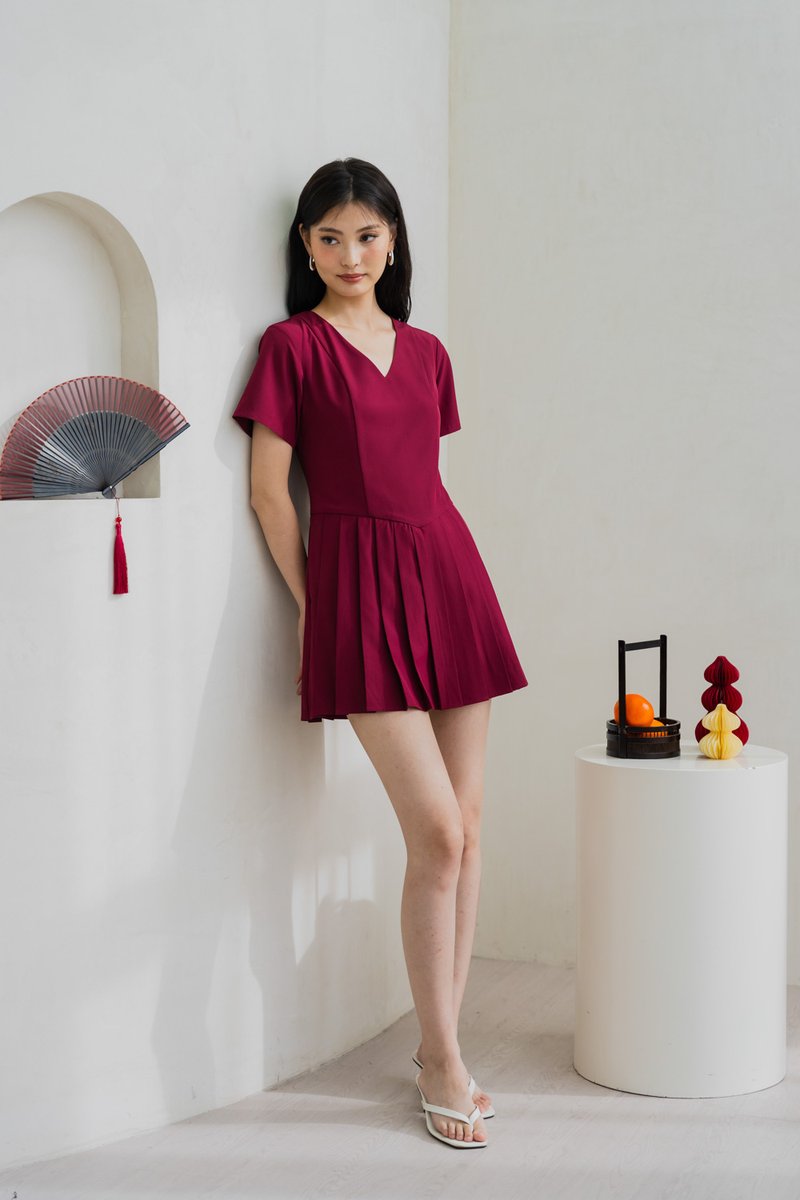 Roslyn Pleated Dress Romper In Wine (XS)