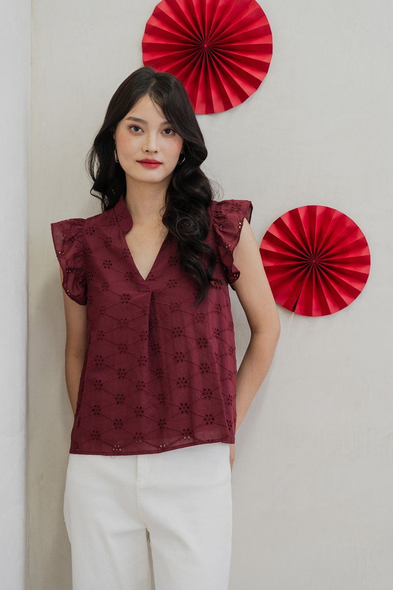 Mei Mandarin Collar Eyelet Top In Wine (XS)