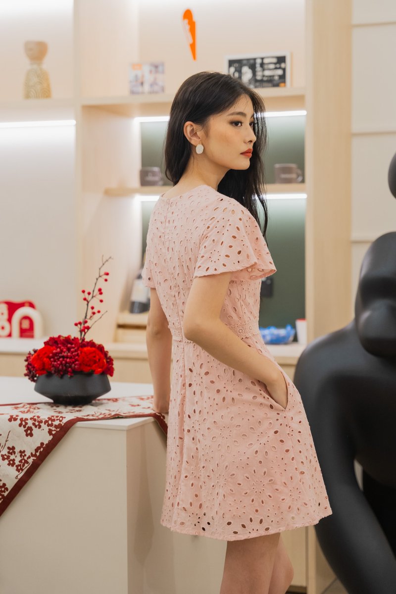 Eviane Crochet Eyelet Dress In Pink (XS)