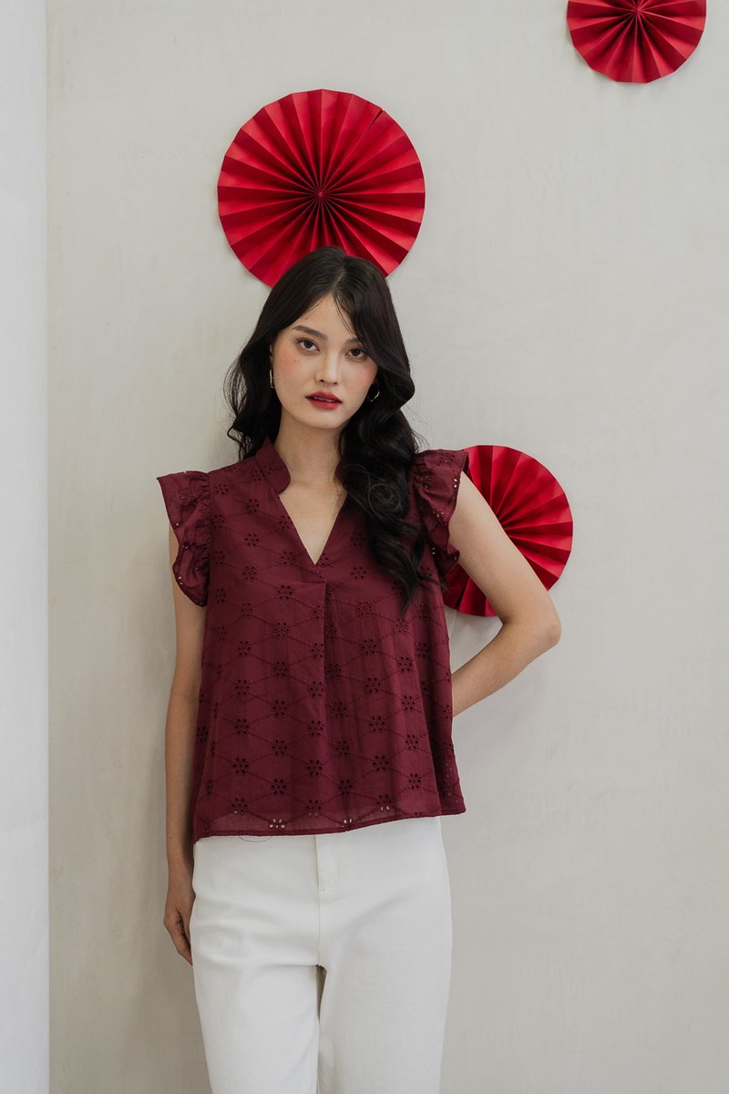 Mei Mandarin Collar Eyelet Top In Wine (XS)