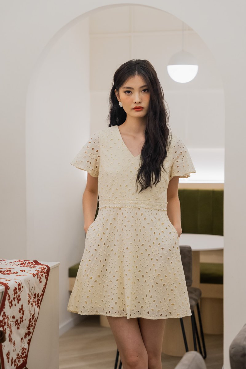 Eviane Crochet Eyelet Dress In Cream (XS)