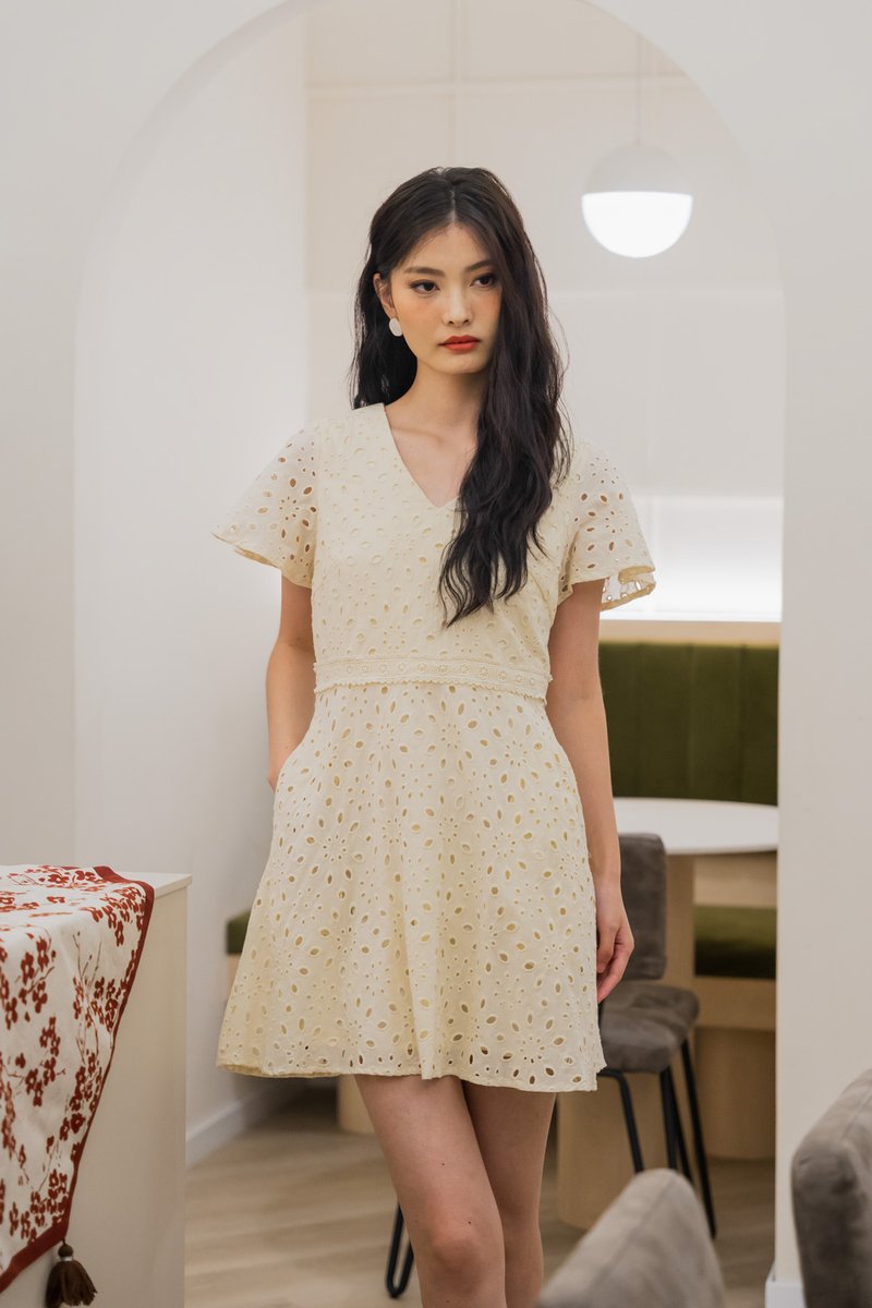 Eviane Crochet Eyelet Dress In Cream (XS)