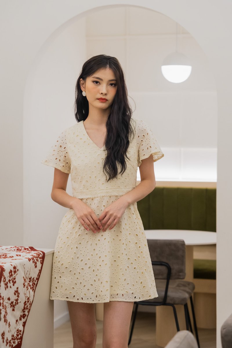 Eviane Crochet Eyelet Dress In Cream (XS)