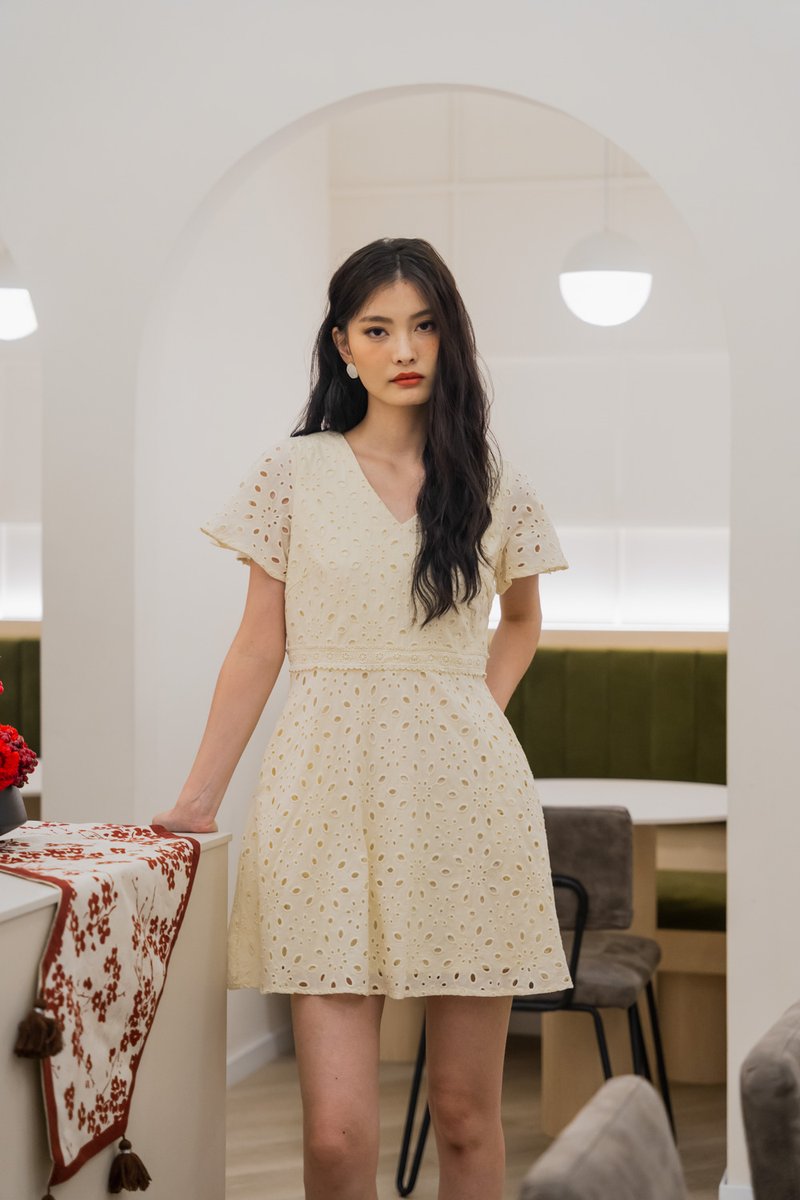 Eviane Crochet Eyelet Dress In Cream (XS)