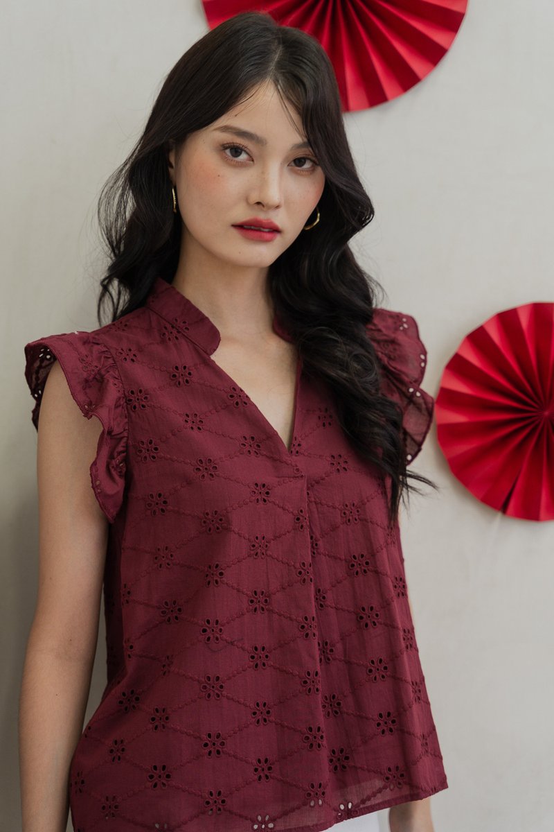Mei Mandarin Collar Eyelet Top In Wine (XS)
