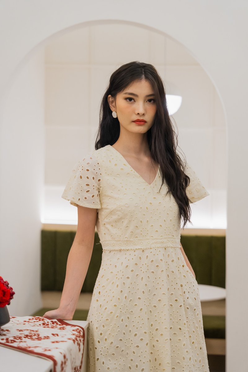Eviane Crochet Eyelet Dress In Cream (XS)