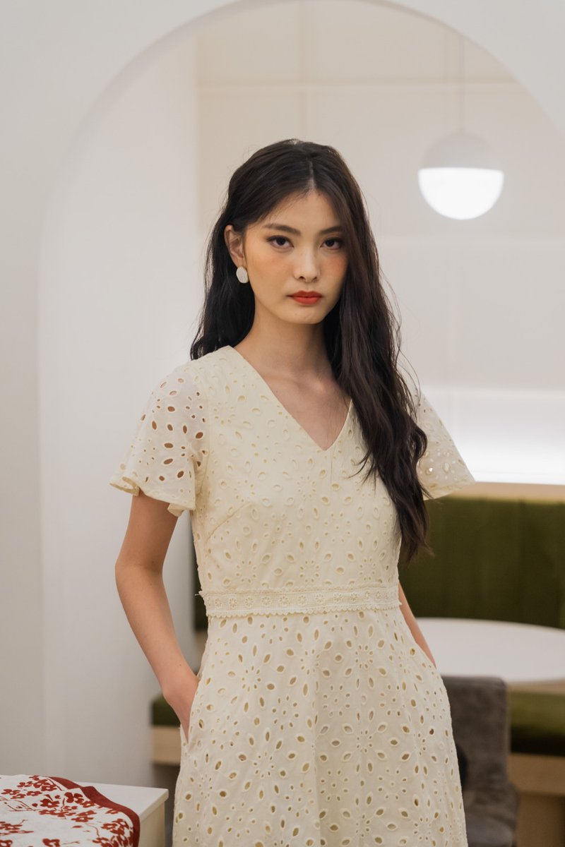 Eviane Crochet Eyelet Dress In Cream (XS)
