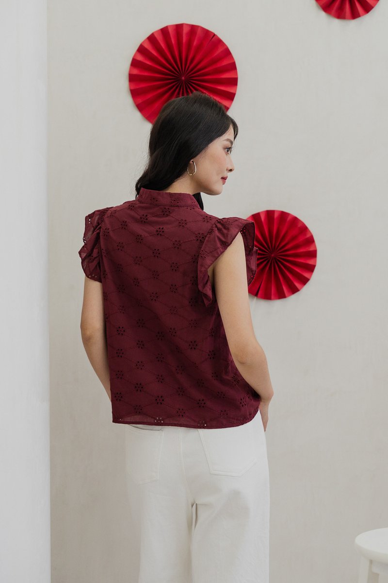 Mei Mandarin Collar Eyelet Top In Wine (XS)