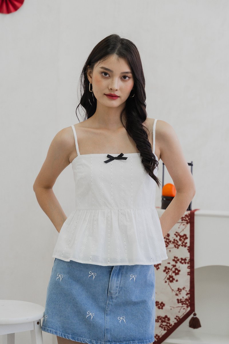 Candy Eyelet Ribbonette Camisole Top In White