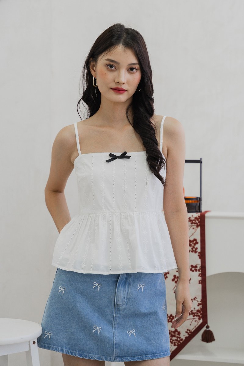 Candy Eyelet Ribbonette Camisole Top In White