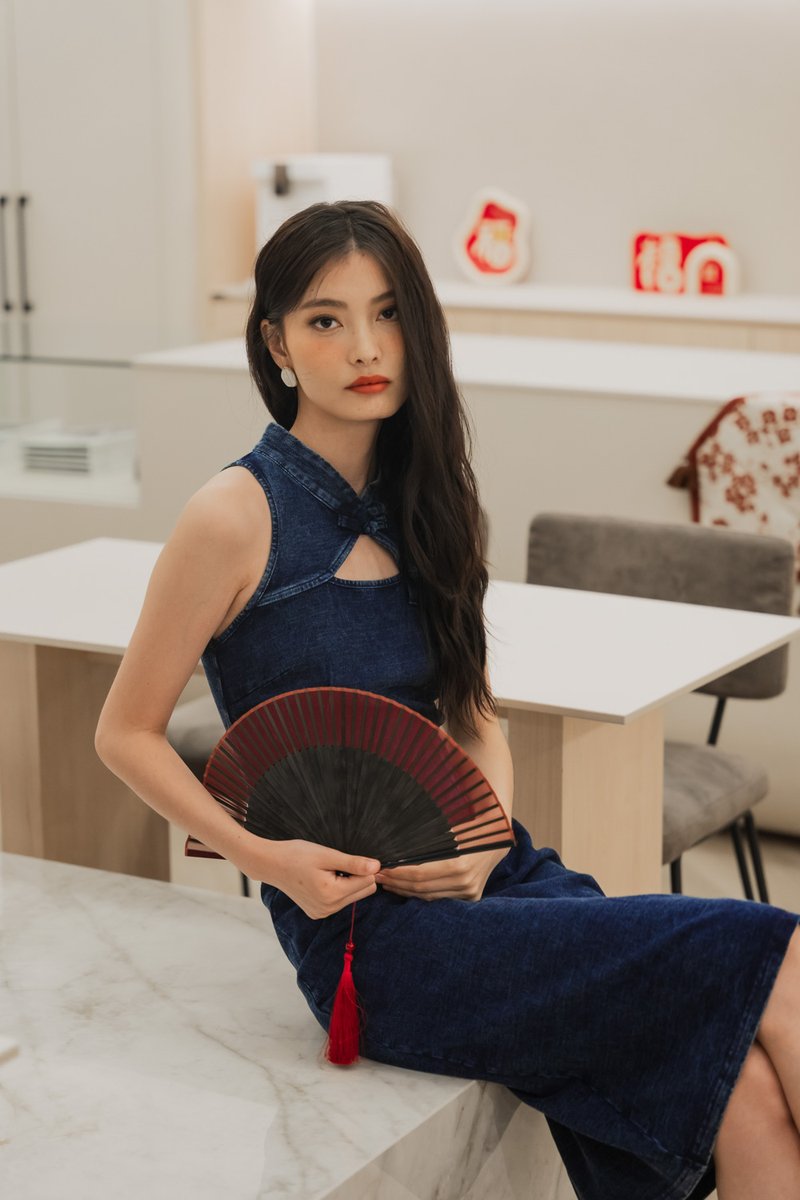 Quincy Denim Qipao Midi Dress (XL)