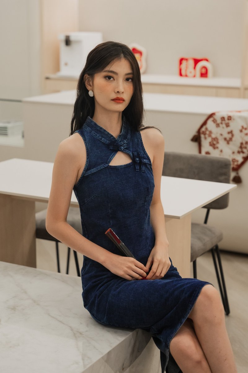Quincy Denim Qipao Midi Dress (XL)
