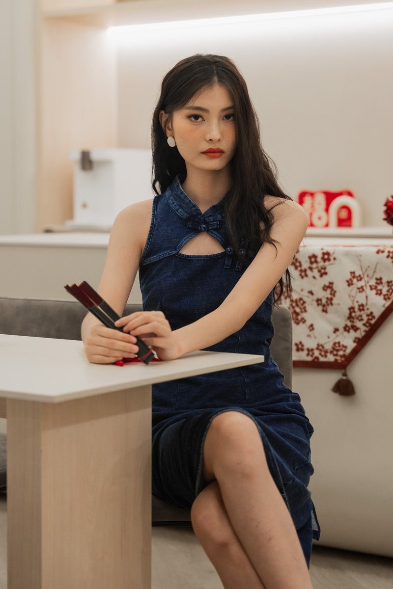 Quincy Denim Qipao Midi Dress (XL)