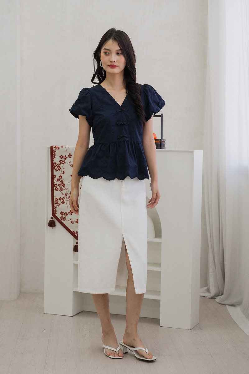 Rosa Ribbon Cheongsam Top In Navy (XS)