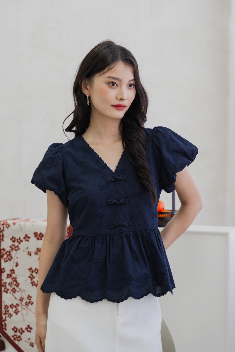 Rosa Ribbon Cheongsam Top In Navy (XS)