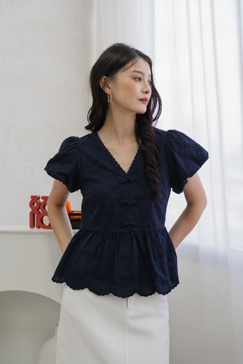Rosa Ribbon Cheongsam Top In Navy (XS)