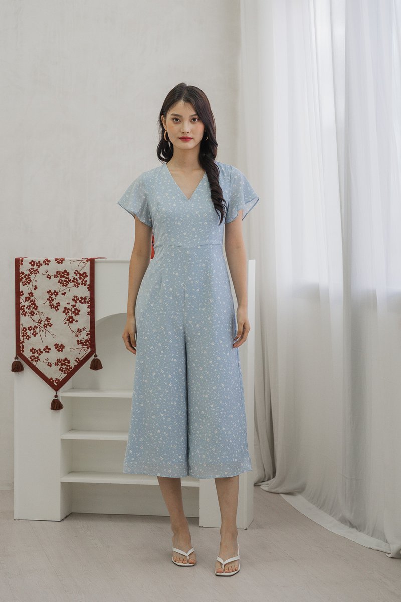 Floretta Printed Flare Sleeves Jumpsuit In Blue (XS)
