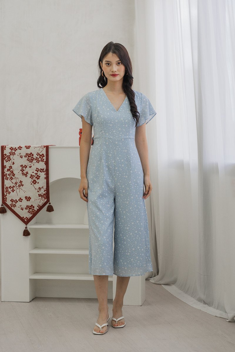 Floretta Printed Flare Sleeves Jumpsuit In Blue (XS)