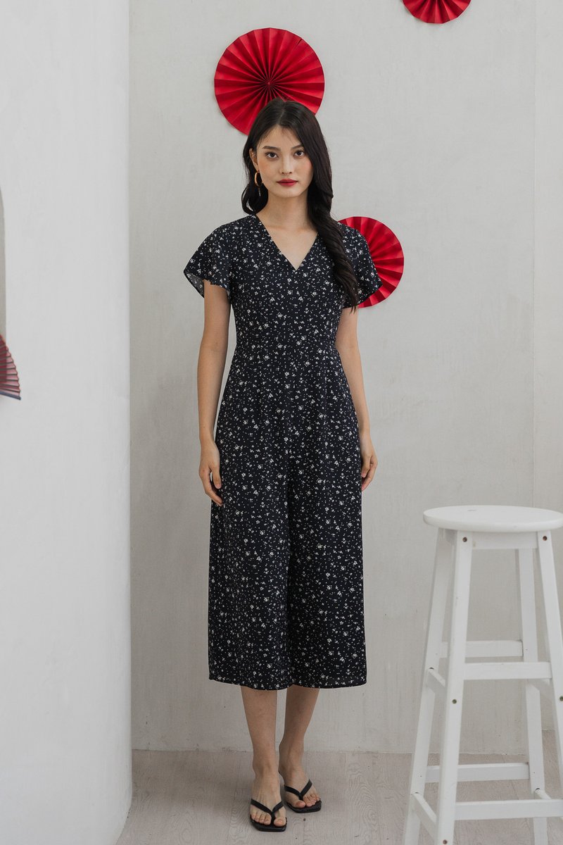 Floretta Printed Flare Sleeves Jumpsuit In Black (XS)