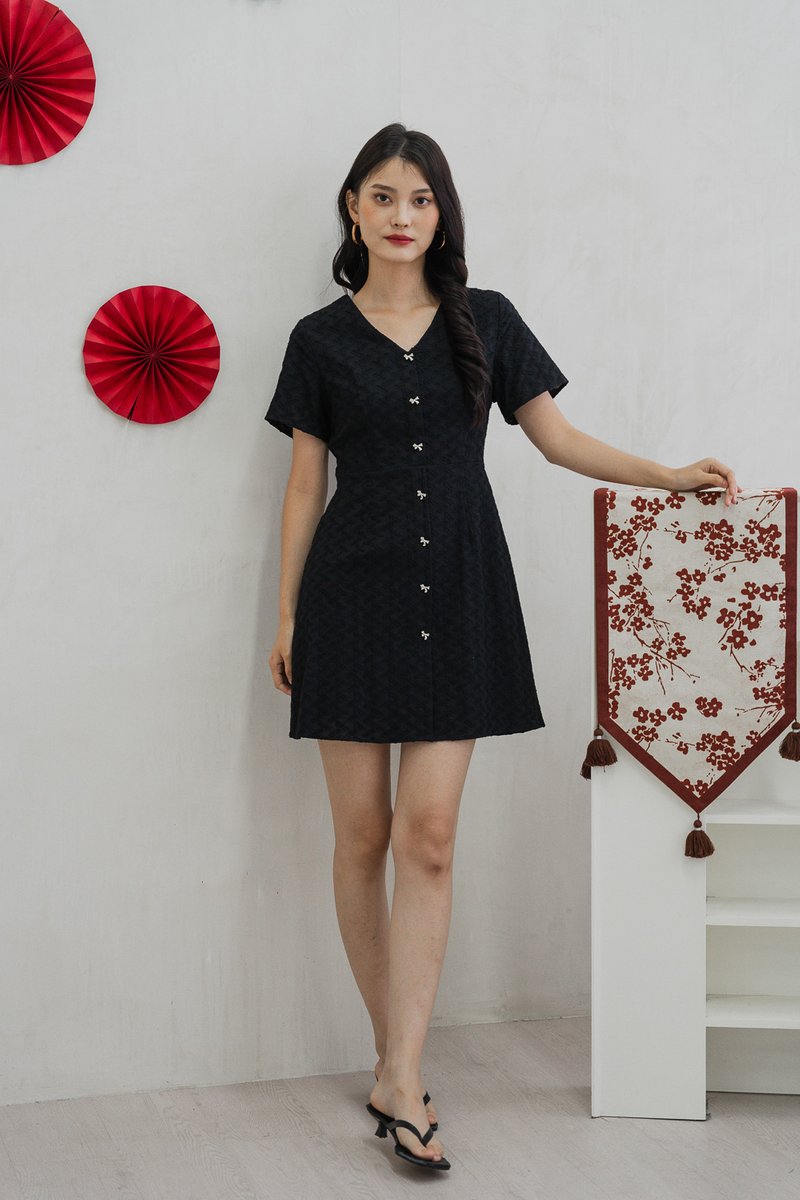 Bronya Ribbon Button Embroidery Dress In Black (XS)