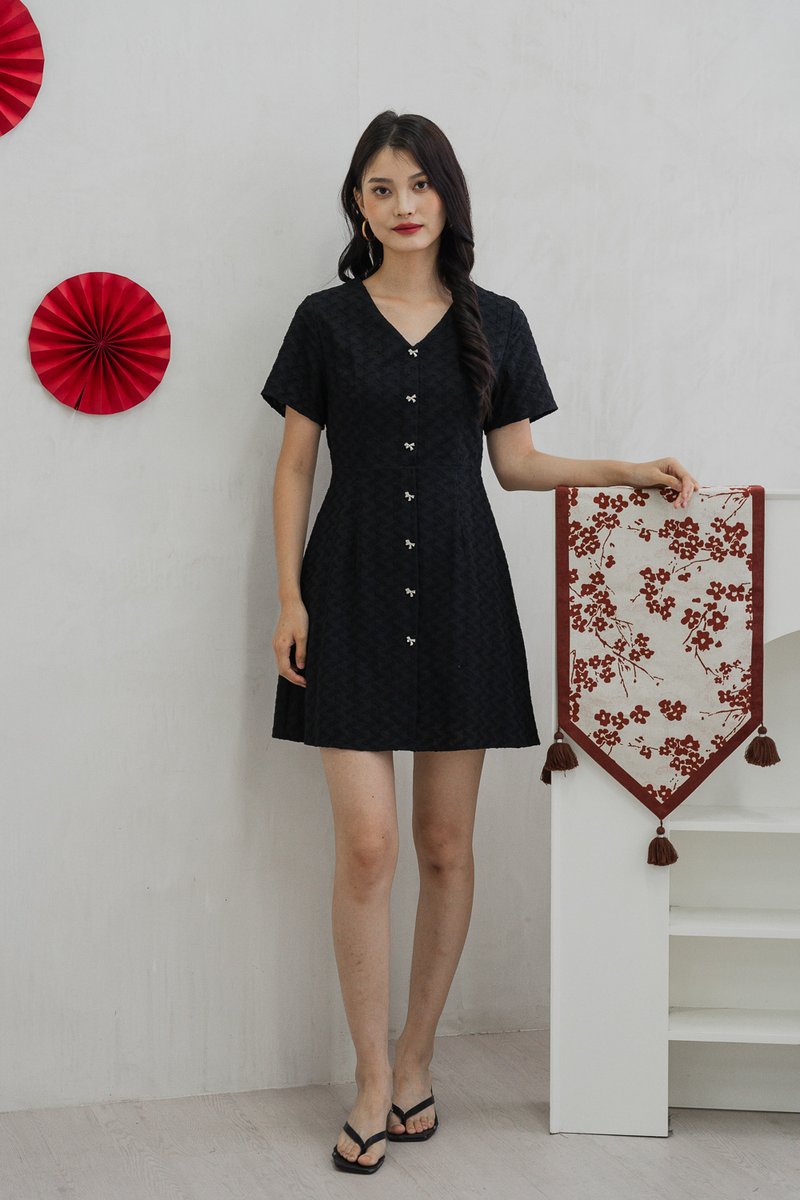 Bronya Ribbon Button Embroidery Dress In Black (XS)