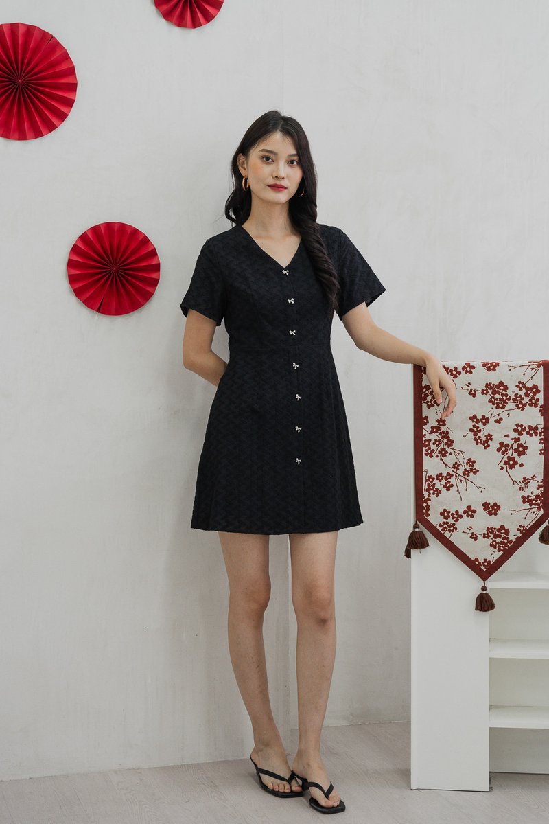 Bronya Ribbon Button Embroidery Dress In Black (XS)