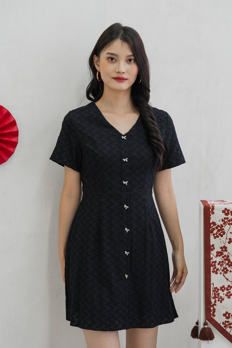 Bronya Ribbon Button Embroidery Dress In Black (XS)