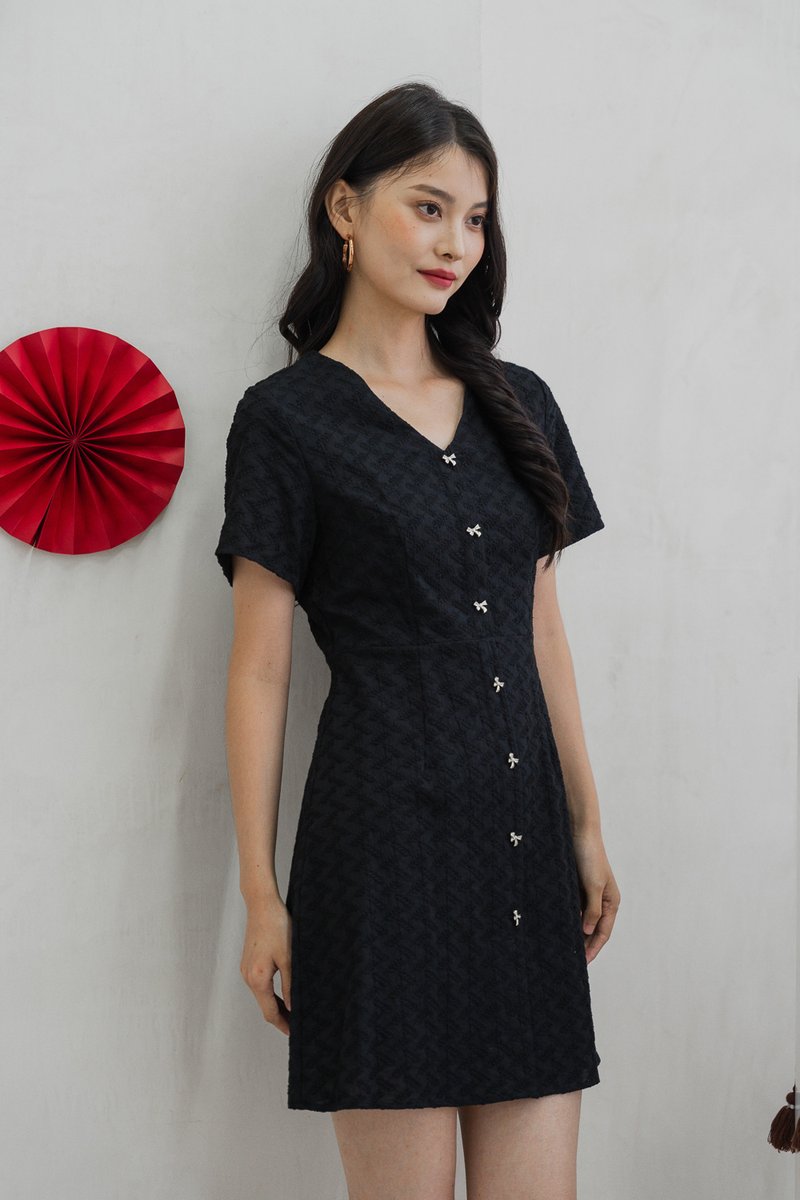 Bronya Ribbon Button Embroidery Dress In Black (XS)