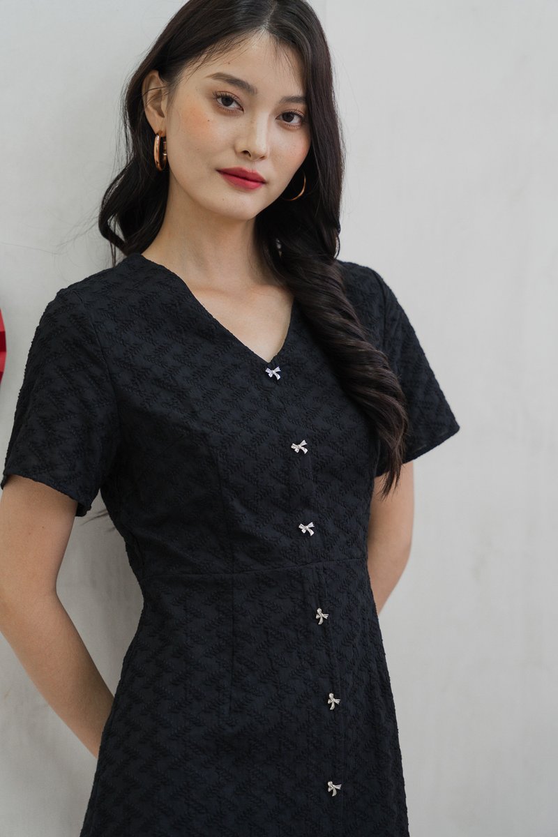 Bronya Ribbon Button Embroidery Dress In Black (XS)
