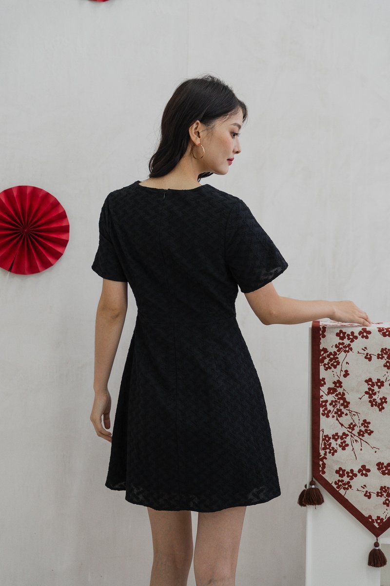 Bronya Ribbon Button Embroidery Dress In Black (XS)