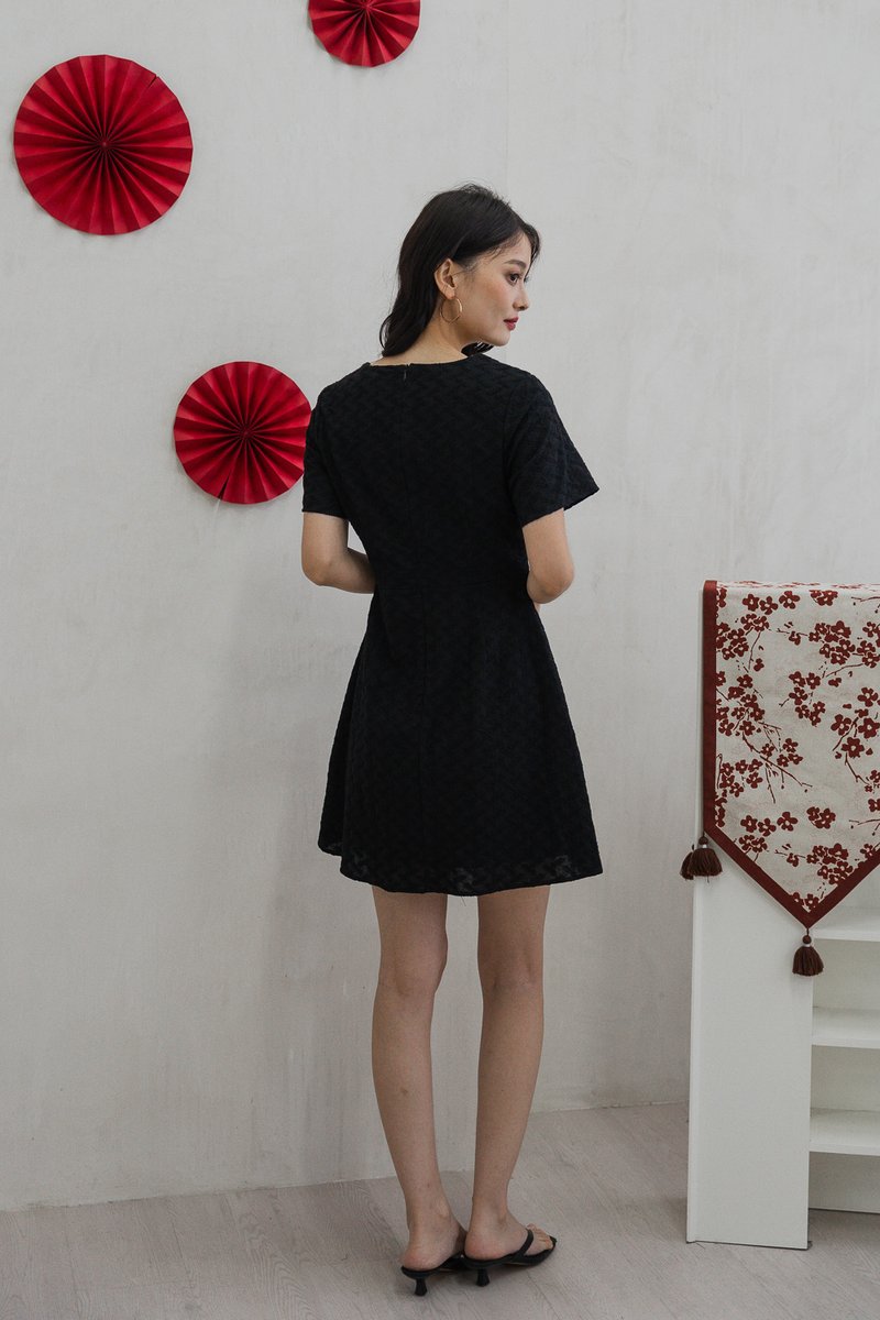 Bronya Ribbon Button Embroidery Dress In Black (XS)