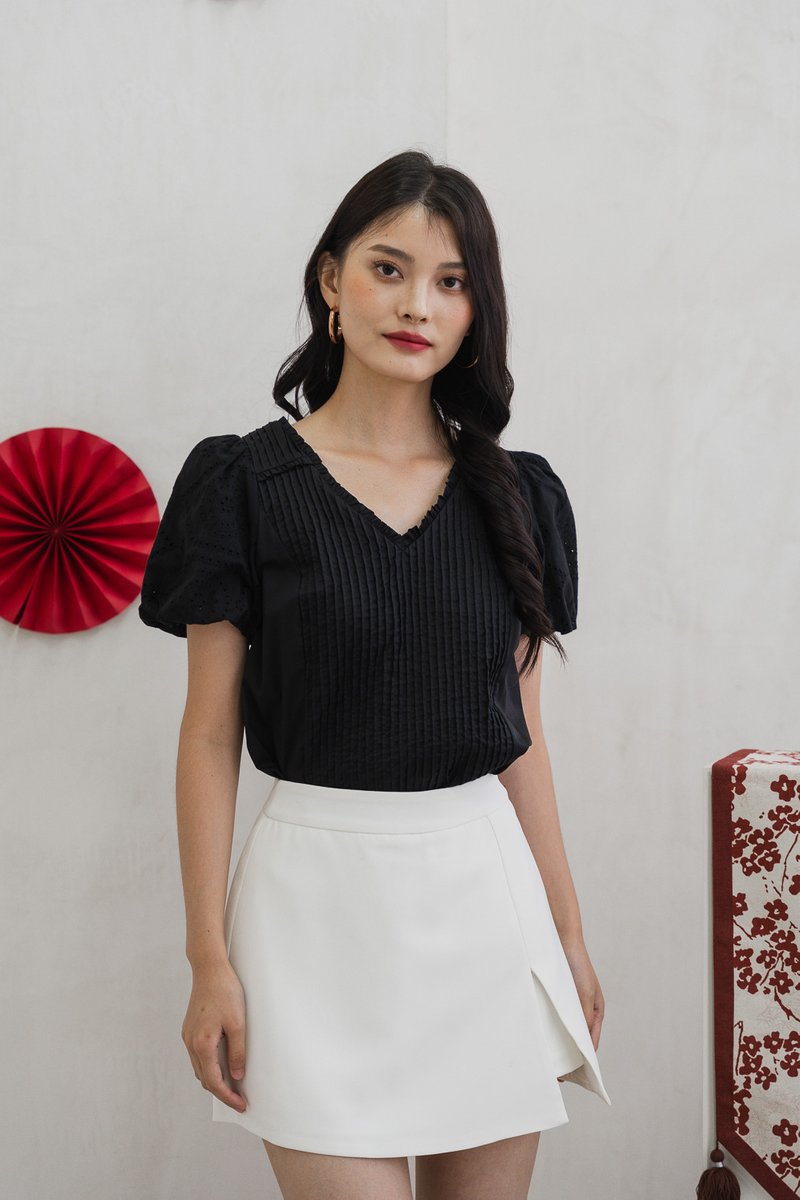 Persimmon Eyelet Sleeve Pintuck Top In Black