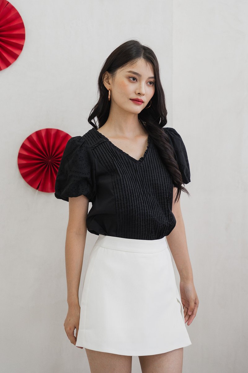Persimmon Eyelet Sleeve Pintuck Top In Black