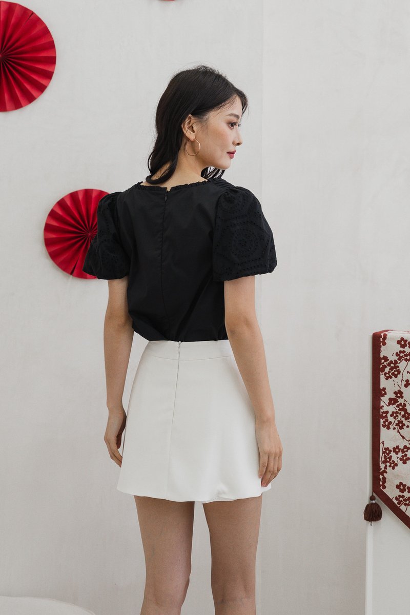 Persimmon Eyelet Sleeve Pintuck Top In Black